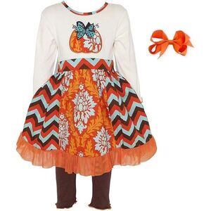 Ann Loren BNWT Girl's Thanksgiving Outfit Chevron Pumpkin Dress Size 2-3‎